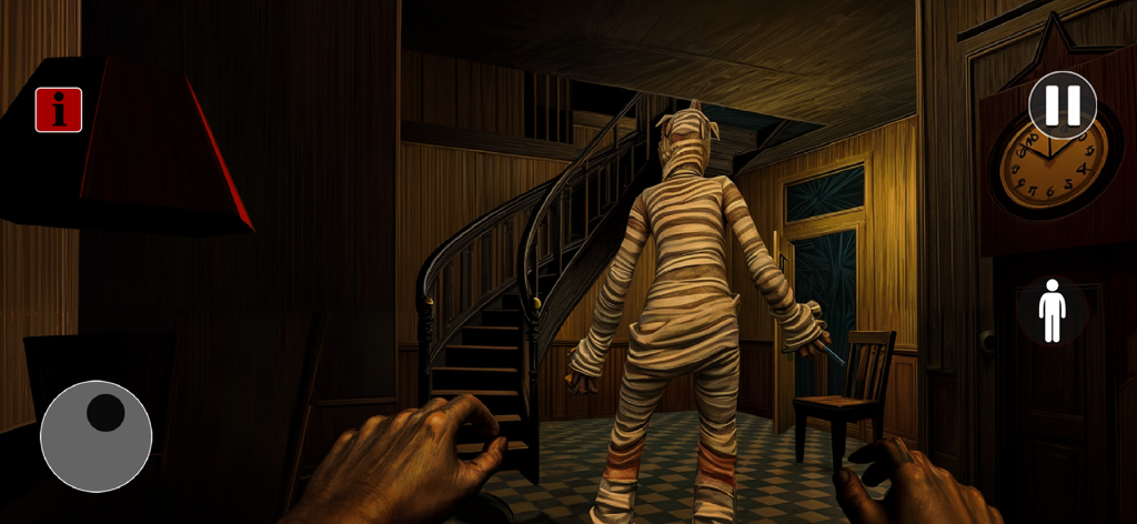 Mummy: Escape Horror Games - First-person perspective of a player hiding from a mummy in a dark house with a staircase
