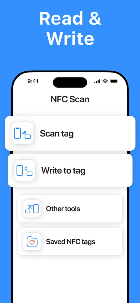 NFC Tools: Tag Writer, Reader - Main menu of the NFC Tools app showing options for scanning and writing tags