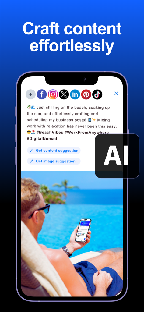 Hookle: Social Media Manager - Hookle app interface demonstrating AI content generation for multi-platform social media posts.
