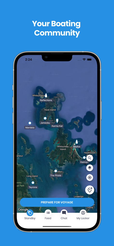 Nebo - Boat Logging Made Easy. - Nebo app interface showing a satellite map with real-time boat locations and names in a coastal area.