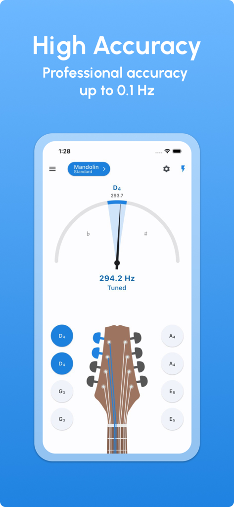 Mandolin Tuner - LikeTones - Mandolin tuner app screen showing professional accuracy up to 0.1 Hz with frequency display and mandolin headstock visualization