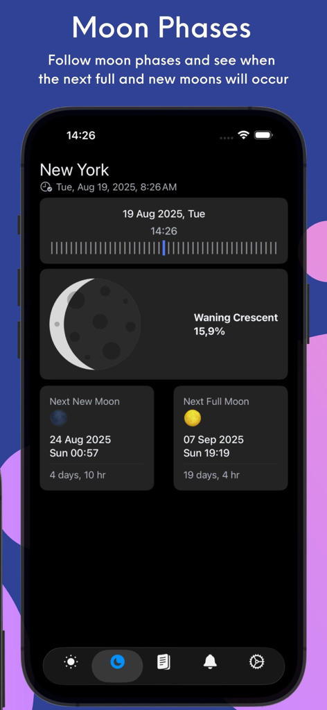 Moon phases tracker screen in the Planetaro app showing a waning crescent moon and countdowns to the next new and full moons.