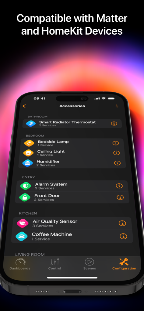 HomeDash - HomeDash app screenshot showing smart home accessories organized by room including thermostat and lighting