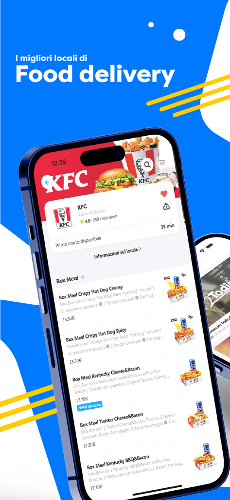 デリバリー用の様々なボックスミールオプションが表示されたKFCレストランのメニューを示すAlfonsinoモバイルアプリインターフェース