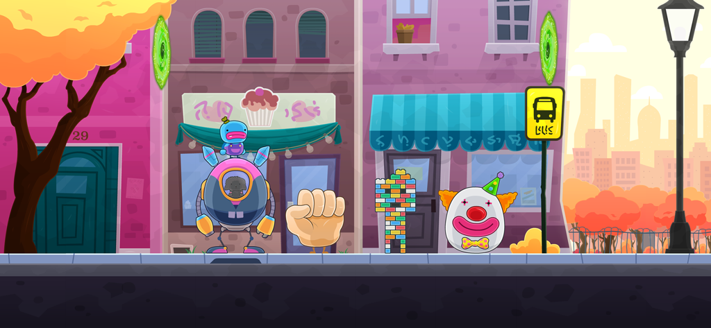 Bring You Home - A whimsical street scene in Bring You Home featuring alien hero Polo and various interactive puzzle elements like a clown head and a giant hand.