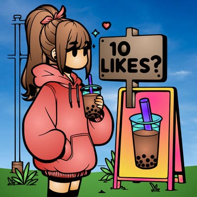 girl with oversized hoodie drinking boba and she has a high ponytail with a sign that says 10likes?