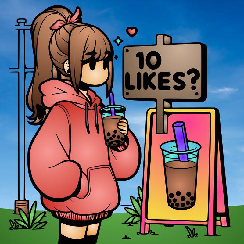 girl with oversized hoodie drinking boba and she has a high ponytail with a sign that says 10likes?