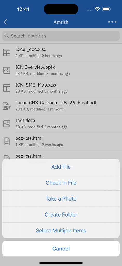 IBM Navigator Mobile - IBM Navigator Mobile app interface showing a list of enterprise documents and an action menu with options to add or check in files.