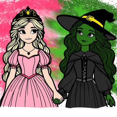 a princess and a witch holding hands realistic