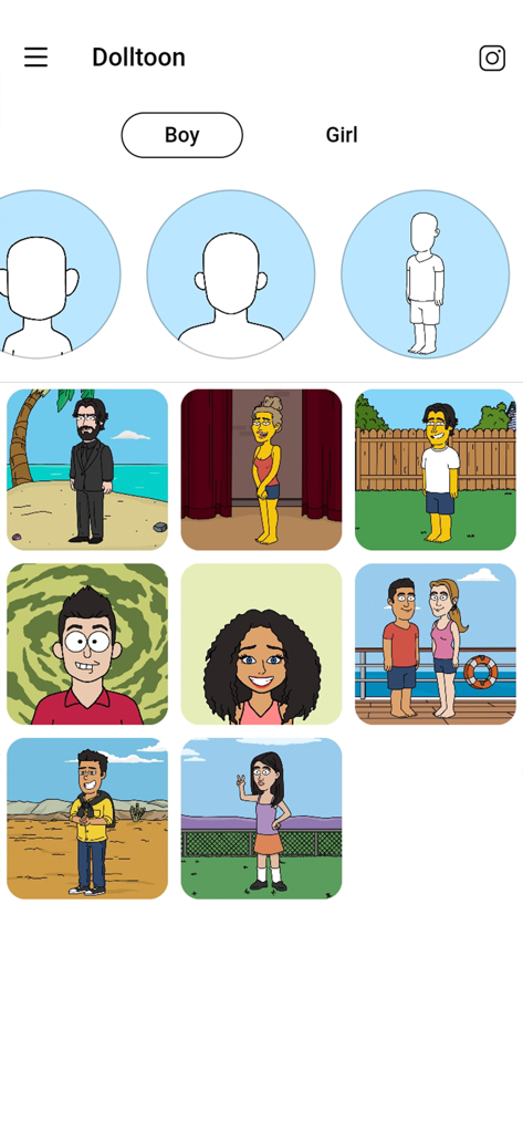 Interface do aplicativo Dolltoon mostrando vários estilos de personagens de desenho animado e modelos de avatares para meninos e meninas.
