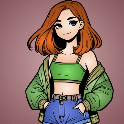 a realistic girl with a crop top and short shorts in an open jacket