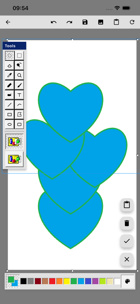 Ms Paint - 클래식 복고풍 도구와 색상 팔레트로 캔버스에 그려진 파란색 하트를 보여주는 iOS의 Ms Paint 앱 인터페이스