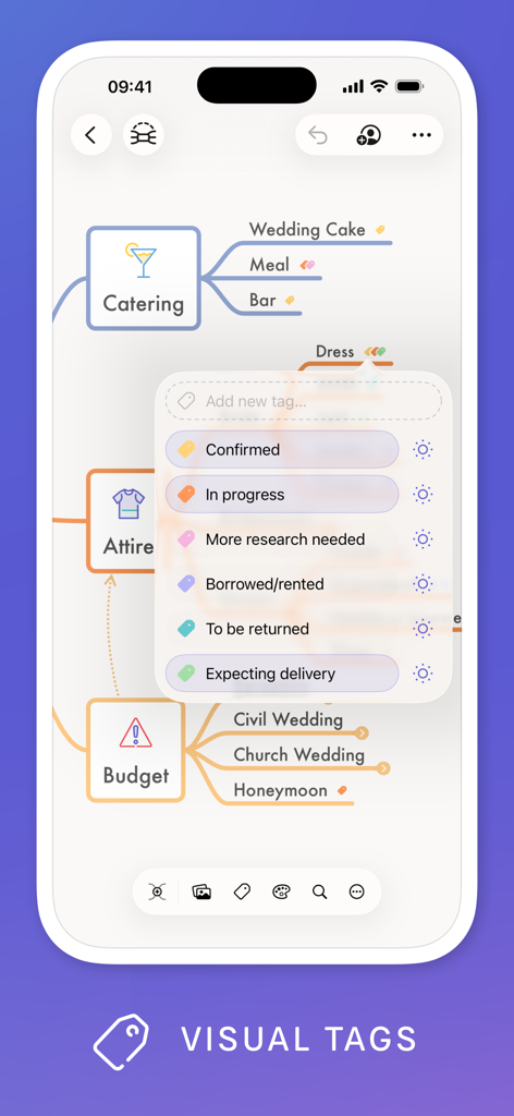 MindNode app on iPhone showing a visual tags menu with labels like Confirmed and In Progress to organize a wedding planning mind map.