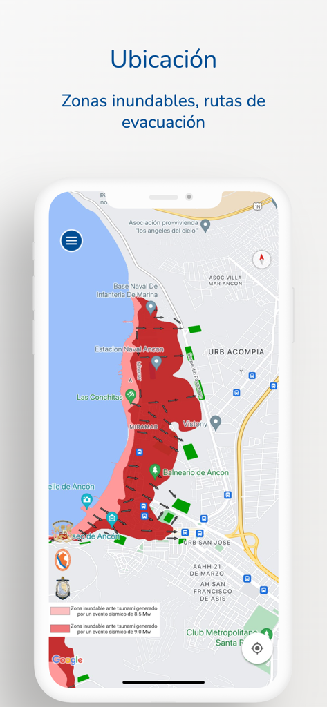 MGP Tsunamis - MGP Tsunamis app displaying coastal flood zones and evacuation routes on a map