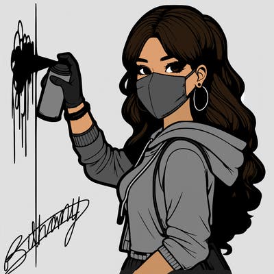 realistic girl with mask spray painting a wall