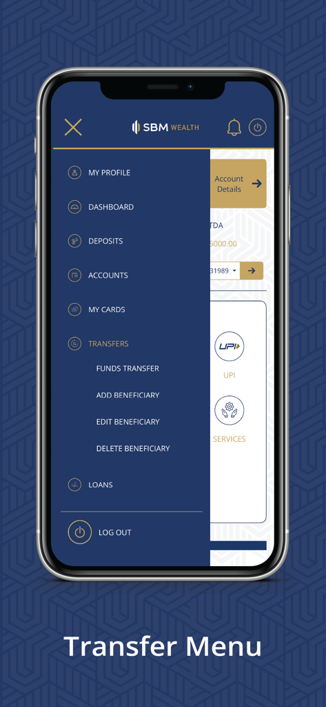 Menu de navegação lateral do aplicativo móvel SBM Bank India mostrando opções de transferência de fundos e gerenciamento de beneficiários