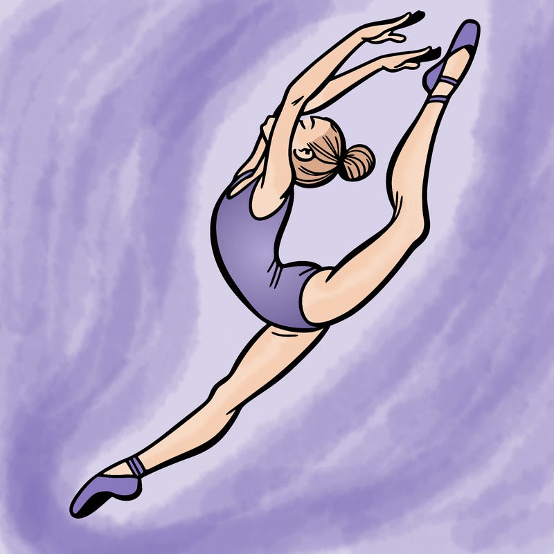 gymnast doing a leap in a leotard with a bent back leg