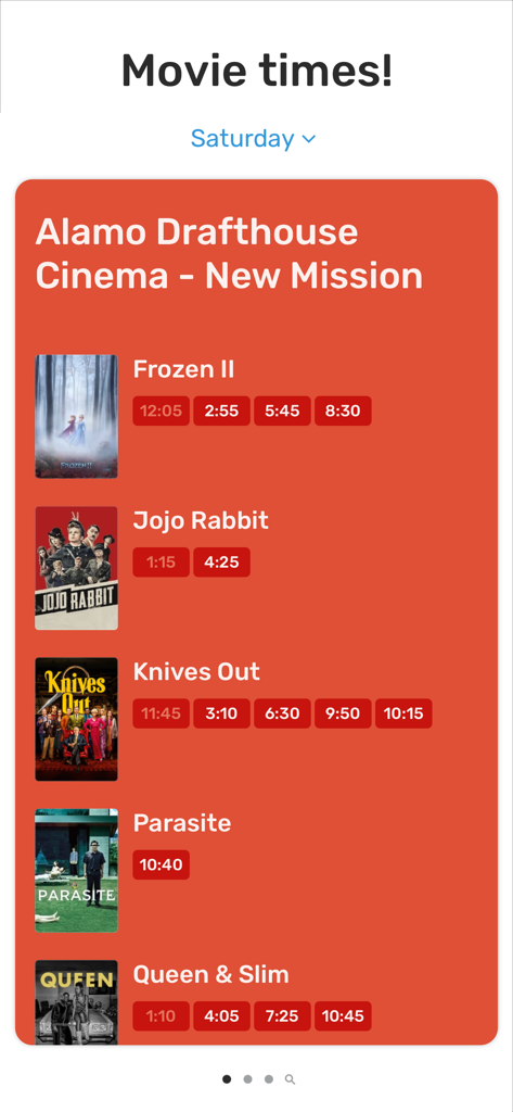 Showings — movie times & more - Eine minimalistische Benutzeroberfläche der Showings-App, die Filmspielzeiten für Alamo Drafthouse Cinema anzeigt, einschließlich Titeln wie Frozen II und Knives Out