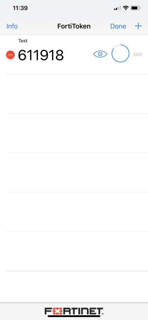 FortiToken Mobile - Interfaz de la aplicación FortiToken Mobile que muestra una contraseña de un solo uso de seis dígitos para un inicio de sesión seguro