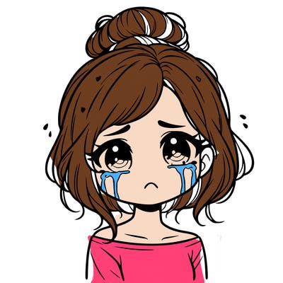 a beautiful crying girl with short hair in a tiny messy bun and looks emotionless