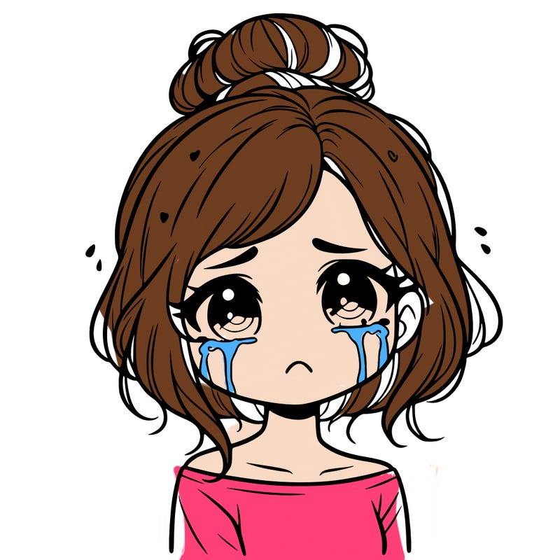 a beautiful crying girl with short hair in a tiny messy bun and looks emotionless