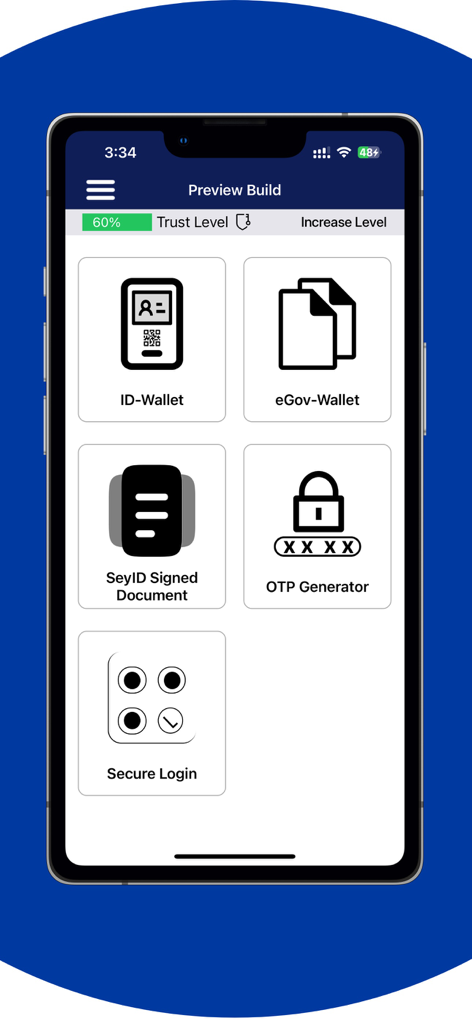 SeyID Seychelles mobile app interface displaying digital identity features like ID-Wallet, eGov-Wallet, and secure login.