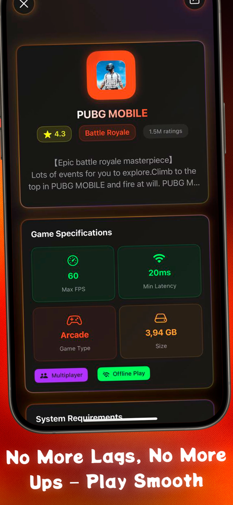 GFX Pro Headshot Game Booster - Interface showing PUBG Mobile game specifications including max FPS and latency on GFX Pro app