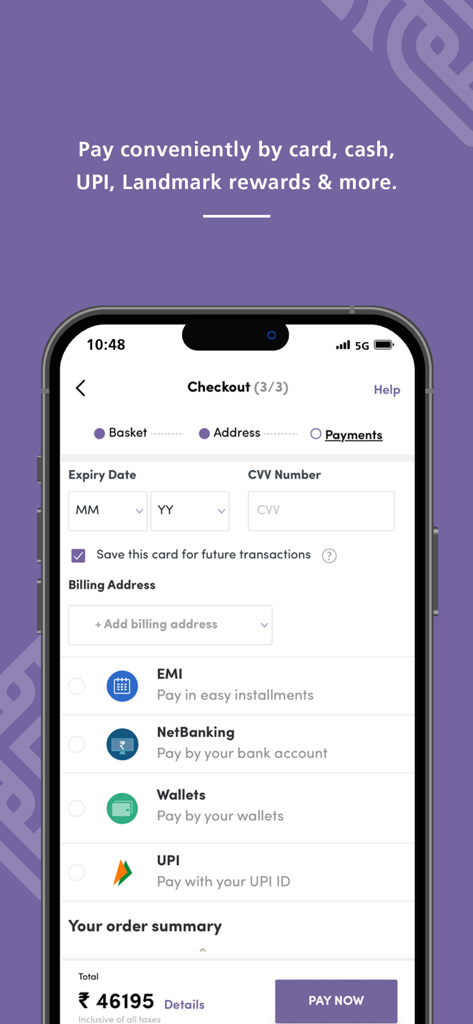 Home Centre India app checkout screen displaying payment methods including EMI NetBanking Wallets and UPI