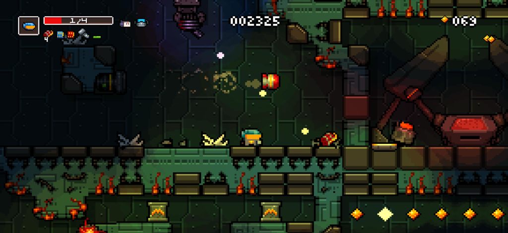 Captura de pantalla de jugabilidad de Meganoid Remaster mostrando un personaje de pixel art en un desafiante nivel industrial