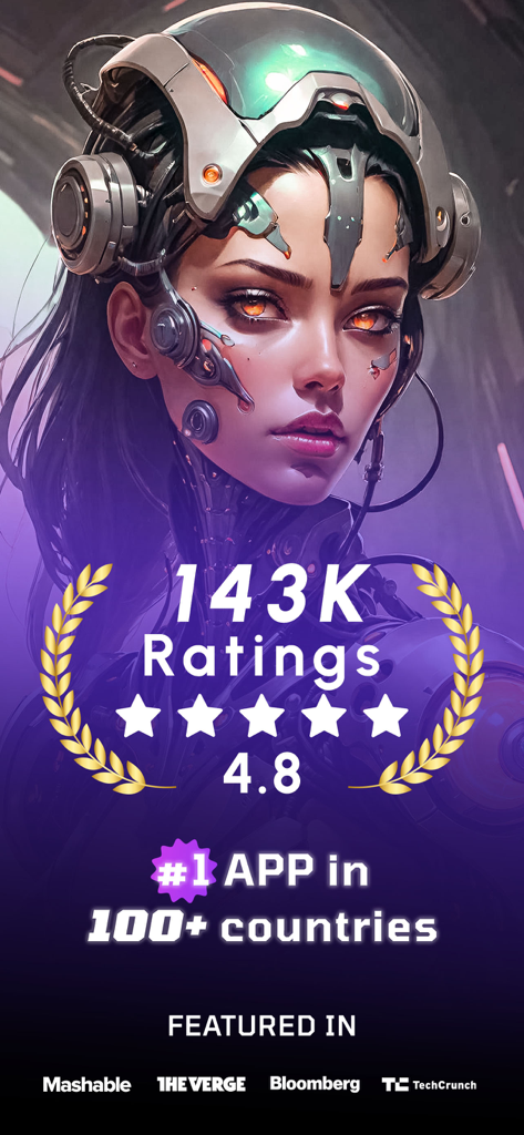WOMBO Dream - AI Art Generator - Cyberpunk character art showcasing WOMBO Dream ratings and number one app status in over one hundred countries