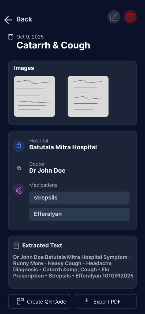 Fhola - Ecrã da aplicação Fhola exibindo um registo médico digitalizado com texto extraído por IA e opções de partilha