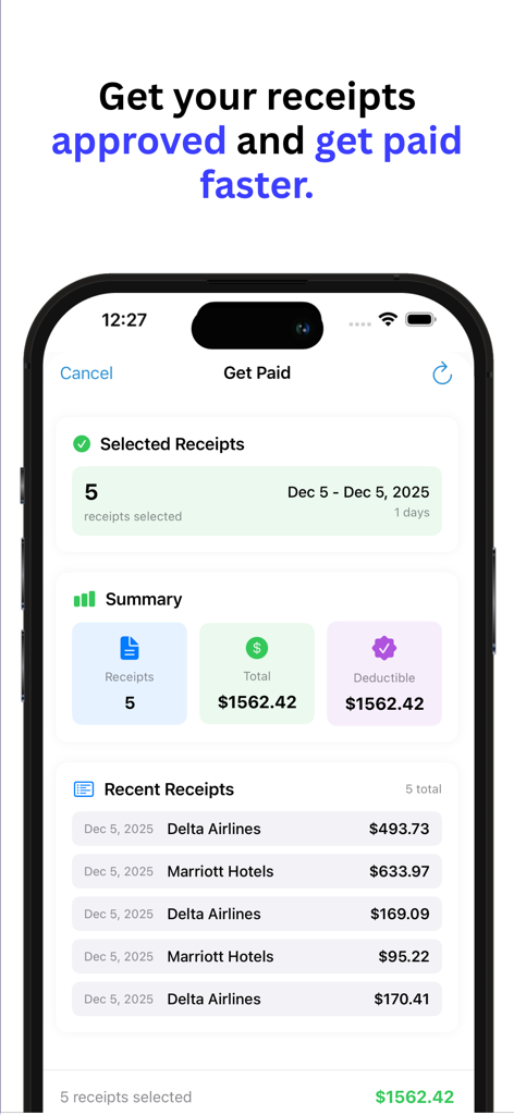 Expense Tracker – AI Powered - Uma tela de aplicativo móvel mostrando um resumo de recibos de negócios selecionados para viagens e hotéis