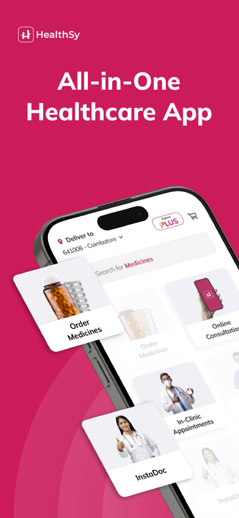 HealthSy-Online Healthcare App - HealthSy mobile app interface showing services like ordering medicines and online doctor consultations