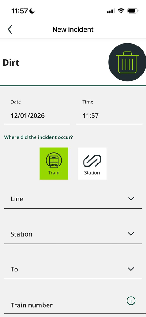 Interfaz de la app de FGC para reportar un incidente nuevo como suciedad en un tren, incluyendo campos para fecha, hora y ubicación
