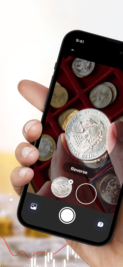 Snap: Coin Identifier - Smartphone utilisant l'application Snap Coin Identifier pour scanner une pièce d'un dollar en argent