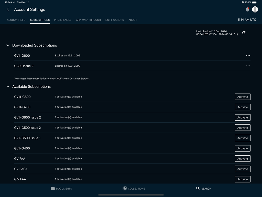 Pantalla de configuración de la cuenta de la aplicación Gulfstream PlaneBook que muestra suscripciones de manuales de aeronaves descargadas y disponibles para diferentes modelos de jets.