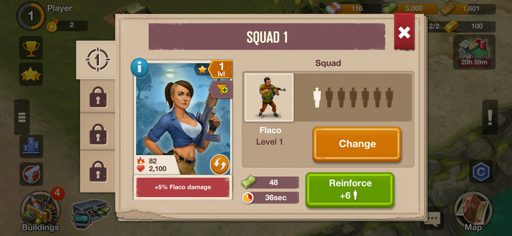 Narcos: Cartel Wars Unlimited - Interfaz de gestión de escuadrones en Narcos Cartel Wars Unlimited que muestra estadísticas de personajes y opciones de refuerzo