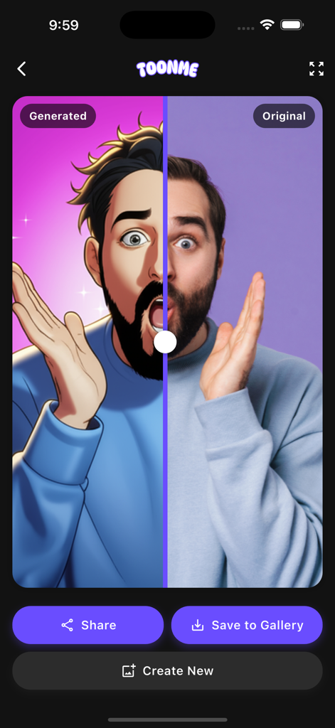 Cartoon Yourself Toonify - A split screen showing a real photo and its AI generated cartoon version using the Toonify app