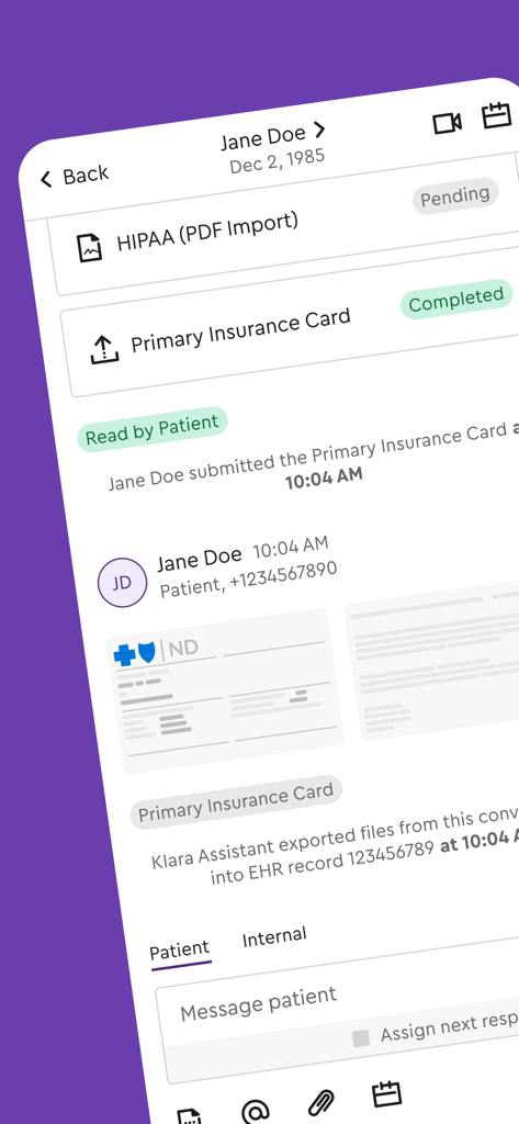A mobile app interface showing a secure chat between a healthcare provider and a patient with uploaded medical documents
