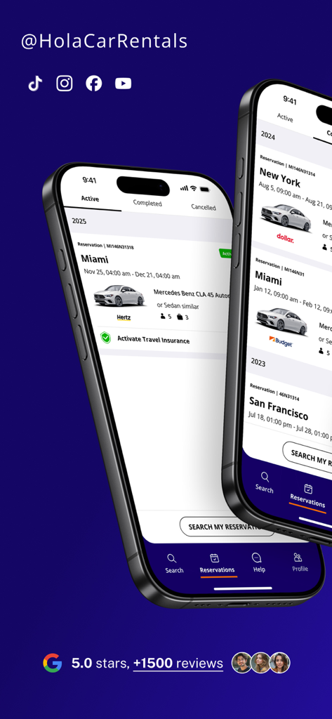 Hola Car Rentals - Hola Car Rentalsアプリの画面、予約詳細とともにアクティブな過去のレンタカー予約を表示