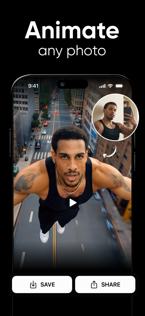 Shots - AI Photo & Video Maker - Shotsアプリが、街の上空をスーパーヒーローのように飛ぶ男性の動画にセルフィーをアニメーション化している様子のモバイル画面。