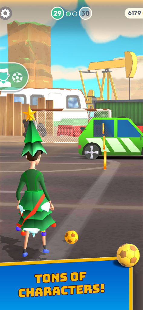 Un personnage joueur de football déguisé en sapin de Noël dans le jeu Flick Goal, présentant des options de personnalisation.