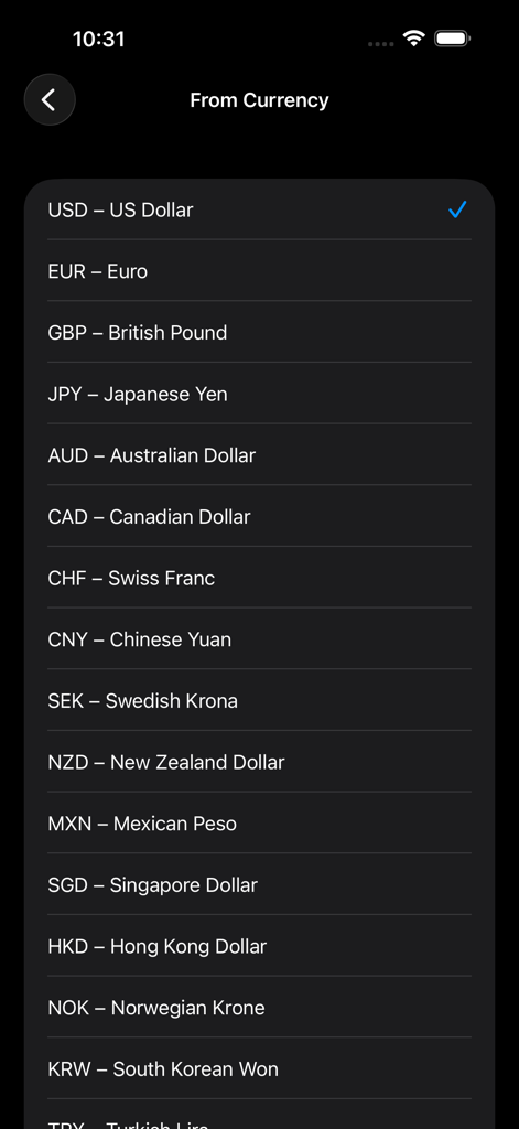 Finance Formulator - Menú de selección de divisas en la aplicación Finance Formulator mostrando tipos de cambio internacionales