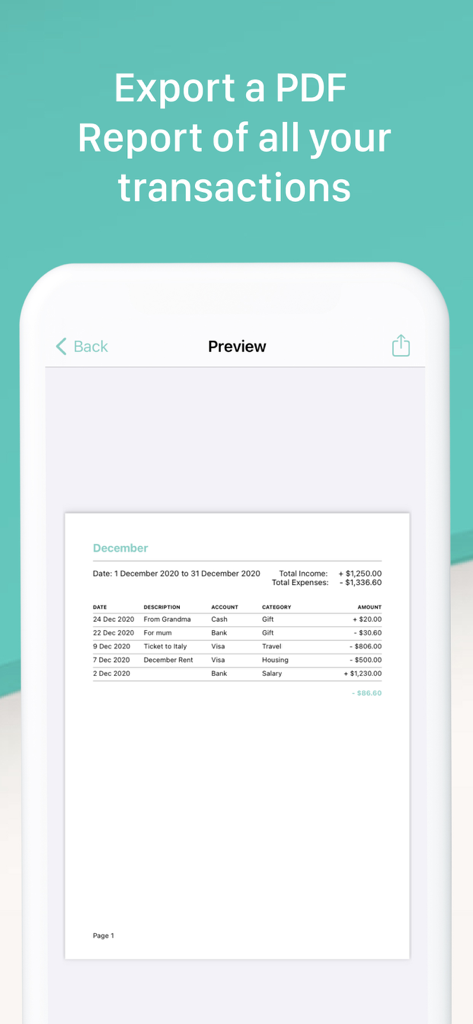 Xpence: Money Tracker - A mobile screen showing a preview of a monthly transaction PDF report exported from the Xpence money tracker app.