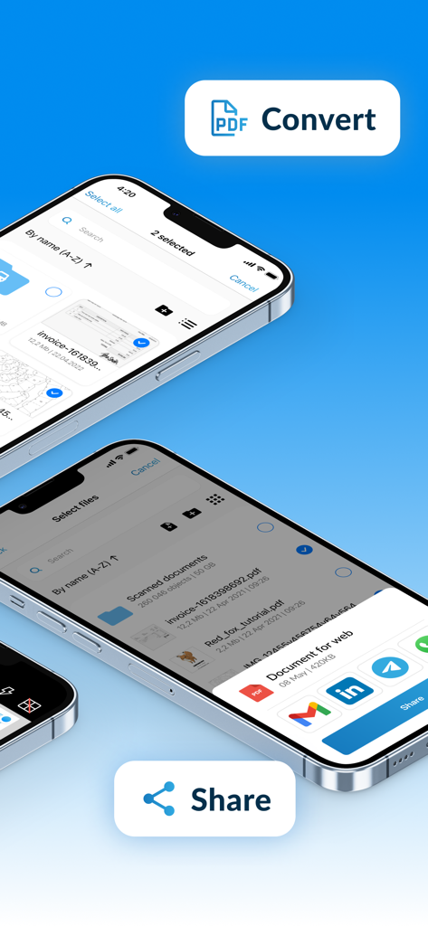 Scannero: fast scan to PDF&JPG - Interfaz de la aplicación Scannero mostrando conversión de documentos a PDF y funciones para compartir en iPhone.