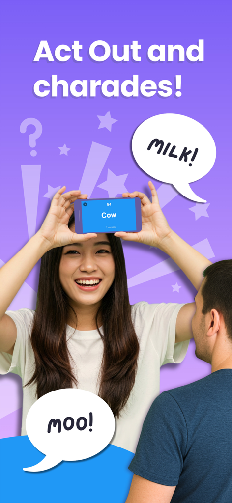 Guess It: Charades & Guessing - A woman playing the Guess It charades game with friends by holding a phone to her forehead