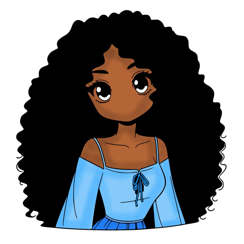 a black anime girl with long afro hair
