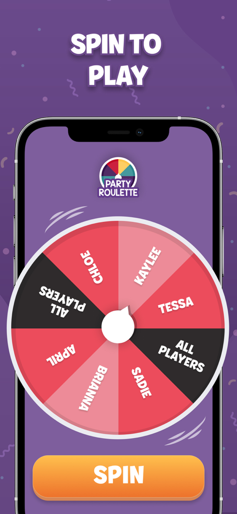 A colorful digital roulette wheel with player names on a purple background in the Party Roulette app
