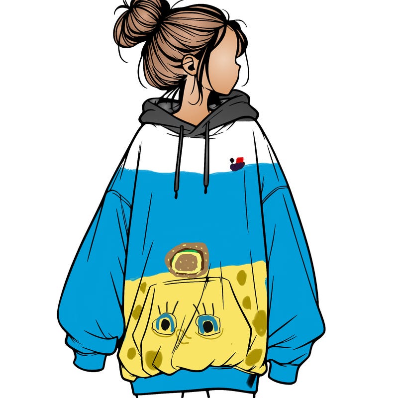 realistic girl with a oversized sweatshirt on and a bun