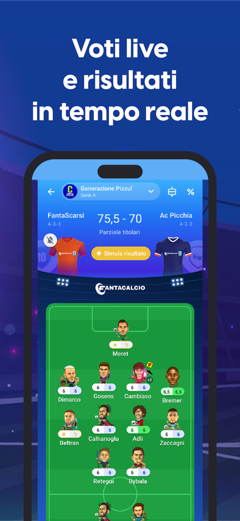 Leghe Fantacalcio app interface showing live Serie A fantasy soccer results and player ratings.